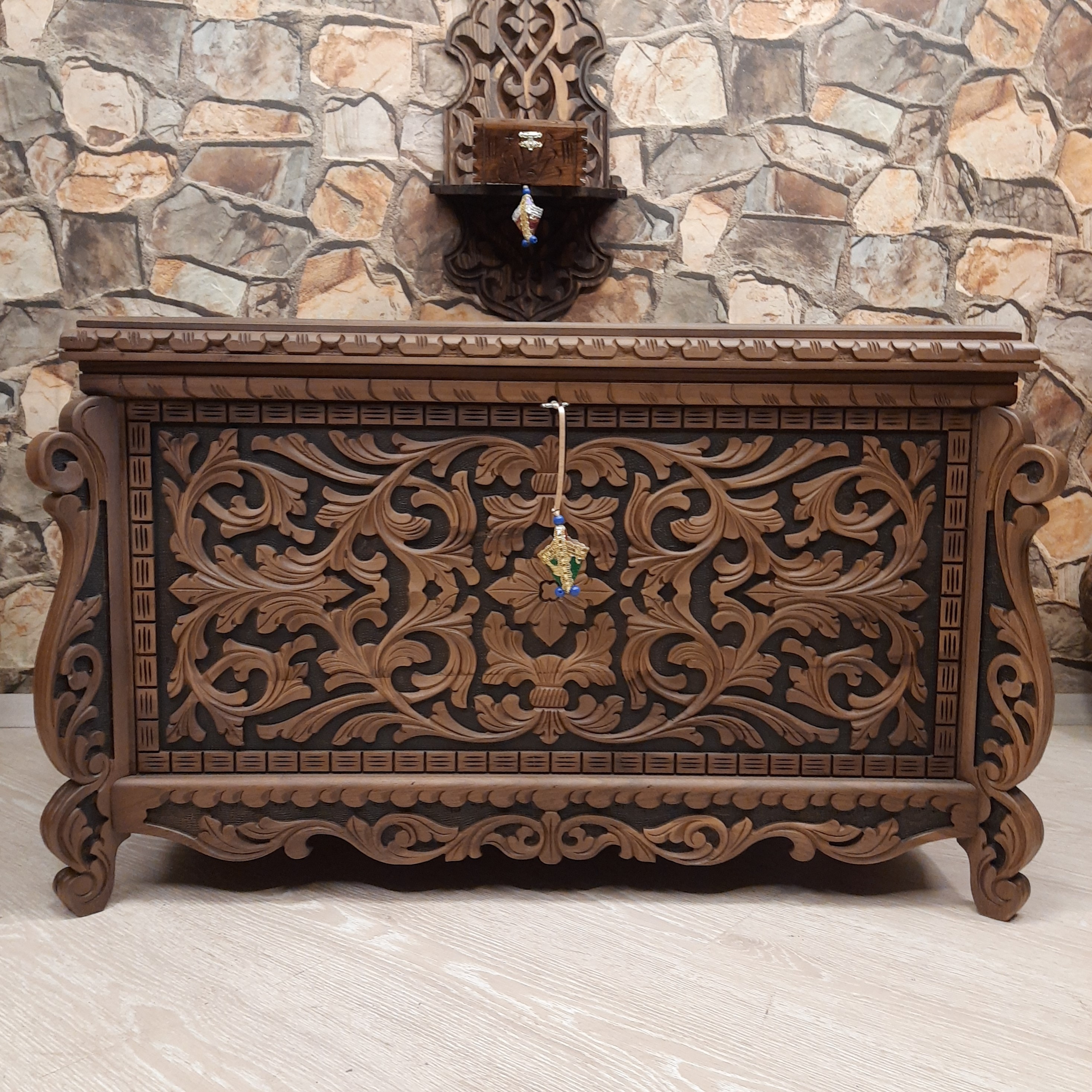 ceviz oyma sandık el oyması çeyiz sandığı dekoratif oymalı maraş sandığı - 330